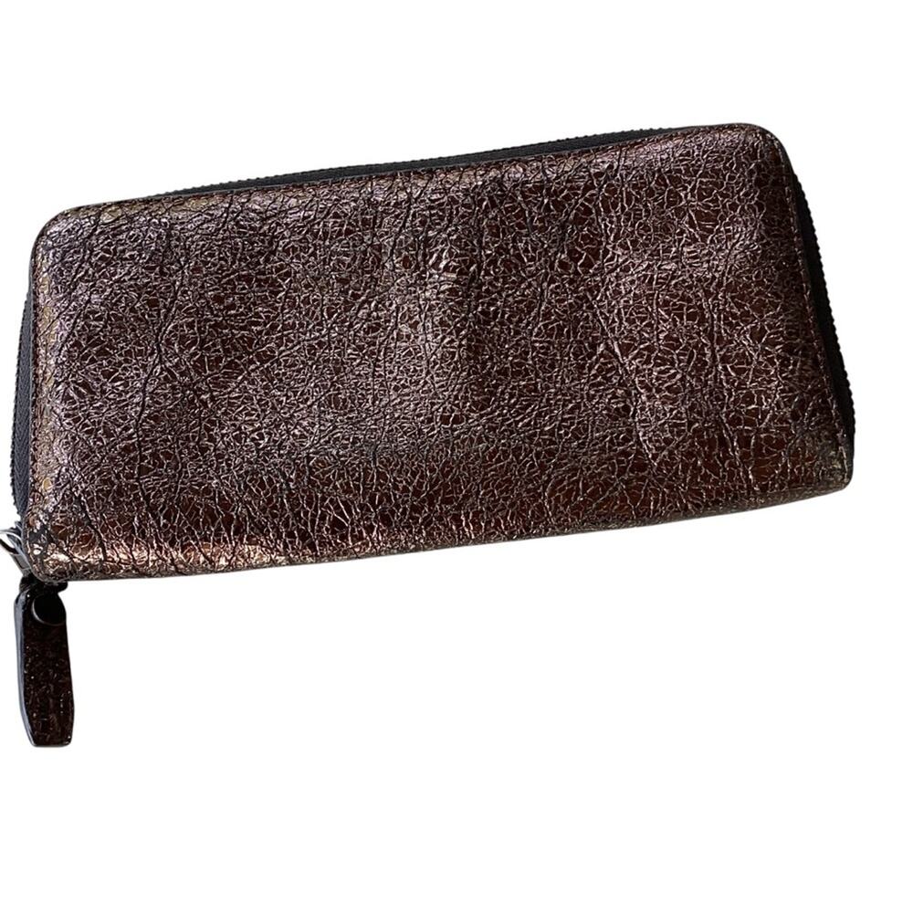 RAG & BONE Grey Metallic Leather Zip Around Wallet Card Holder